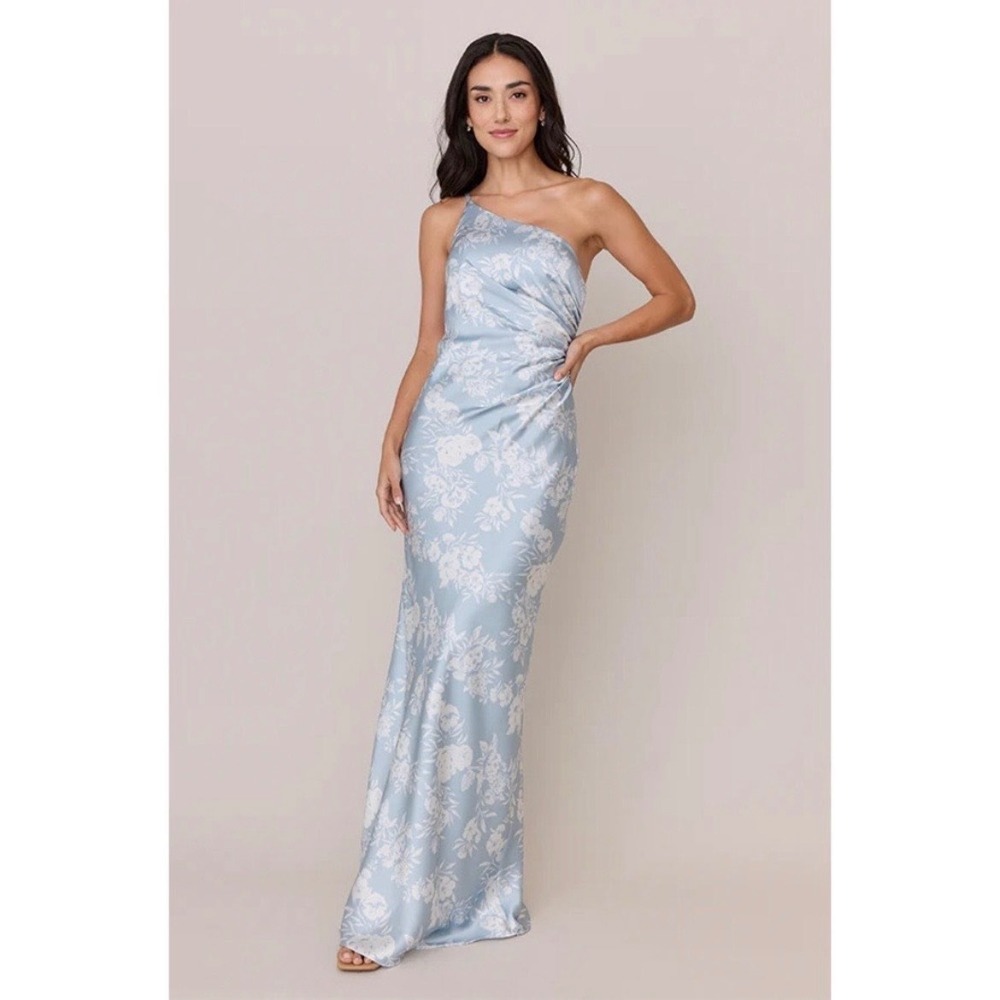 Revelry Jade Satin Floral One Shoulder Maxi Dress Sky Blue Bouquet Womens 14 NWT